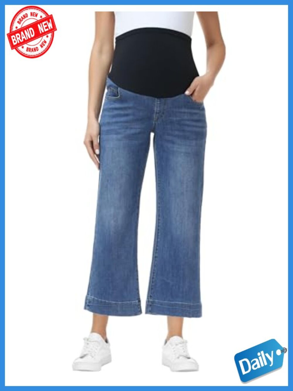 Women's Wide Leg Maternity Capri Jeans Over Belly Stretchy Cropped Denim